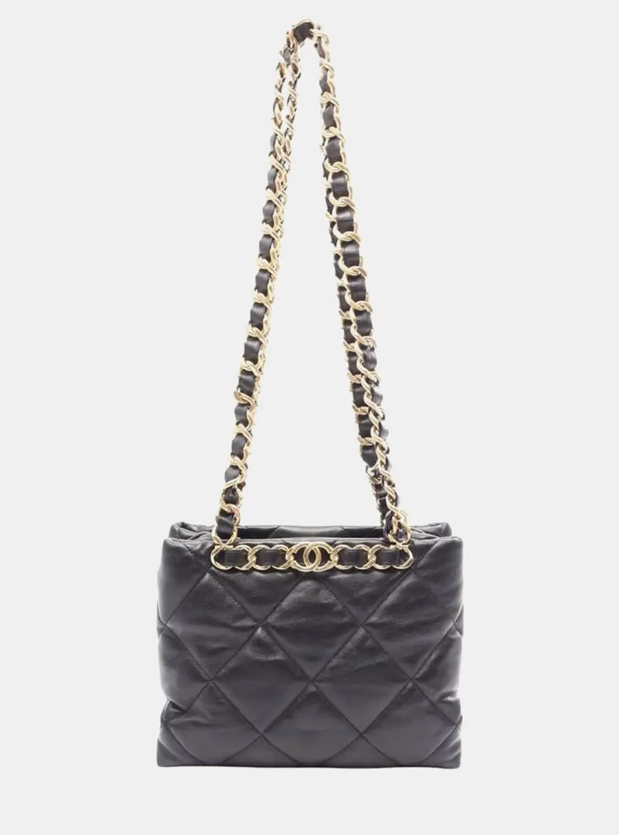 Chanel Small Shopping Quilted Black Lambskin Tote Bag