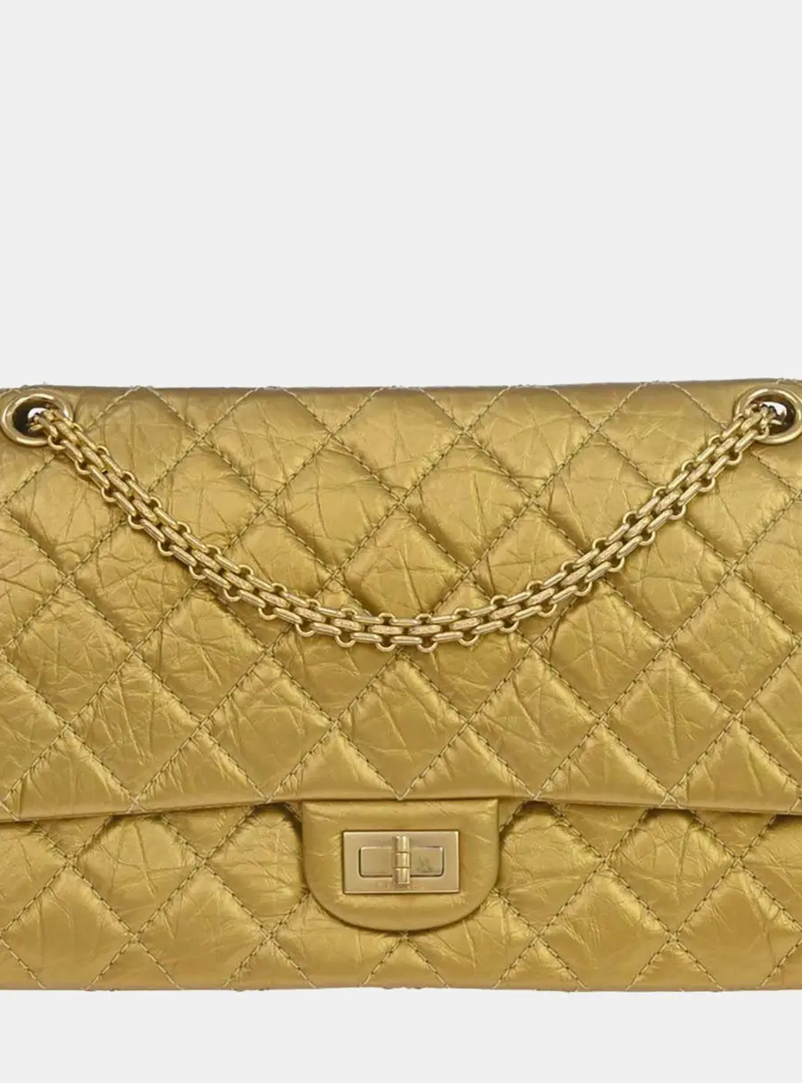 Chanel 2.55 Reissue 226 Gold Metallic Aged Calfskin Leather Double Flap Shoulder Bag