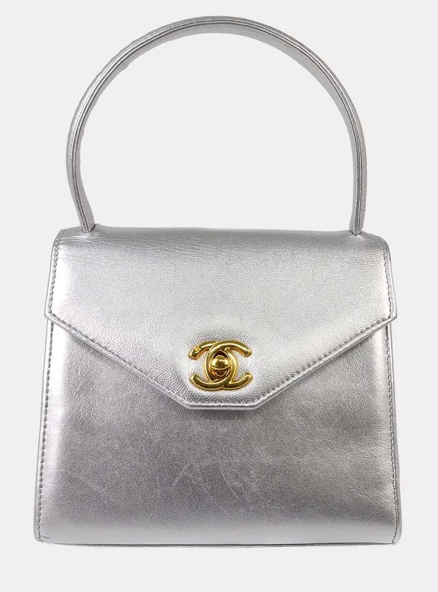 Chanel Vintage Mini Kelly Metallic Silver Lambskin Leather Gold Hardware Top Handle Bag