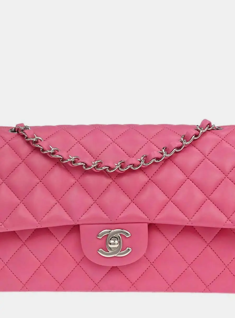Chanel Classic Double Flap Medium Pink Lambskin Leather Shoulder Bag