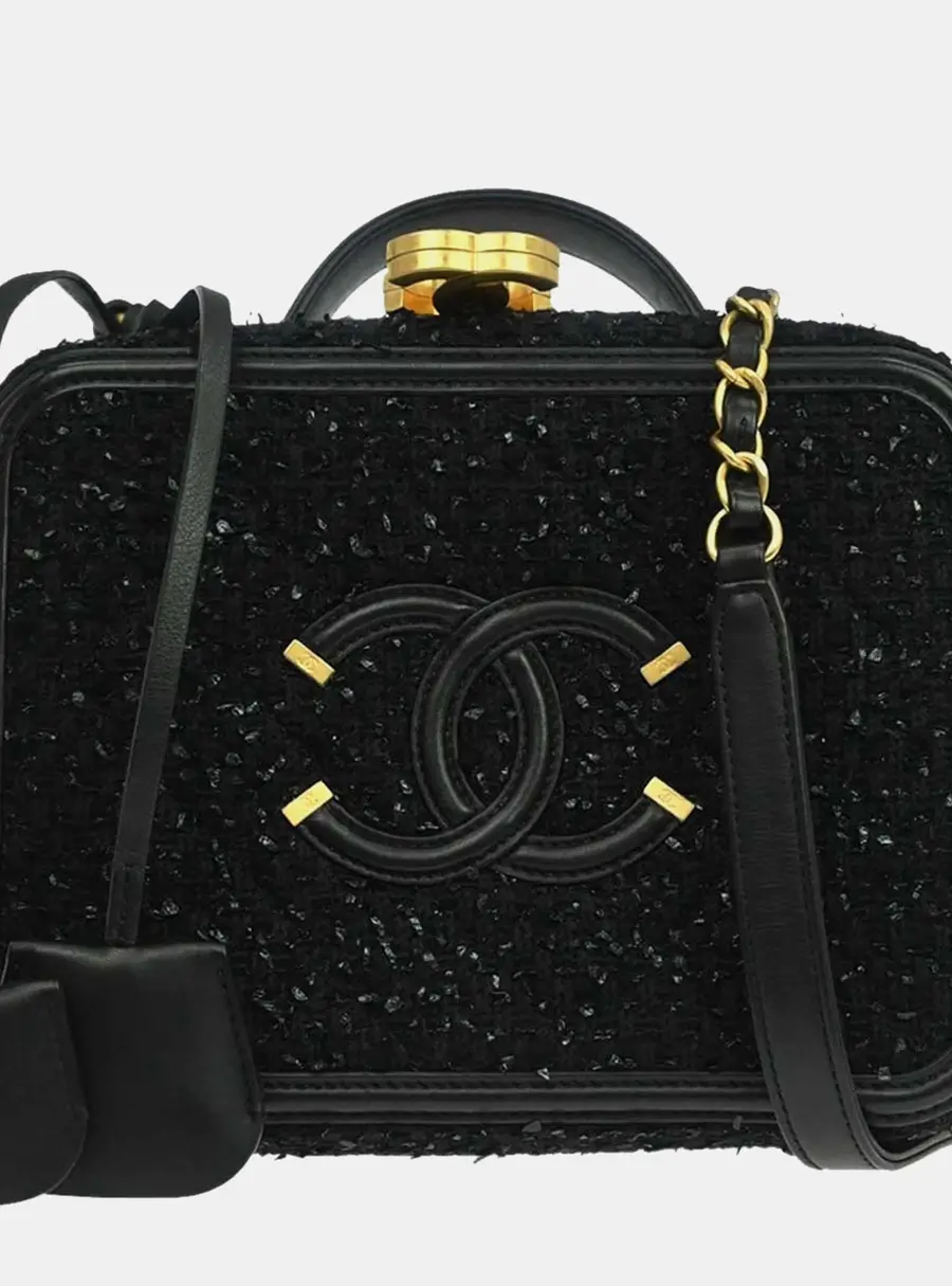 Chanel CC Filigree Medium Black Tweed Leather Top Handle Bag