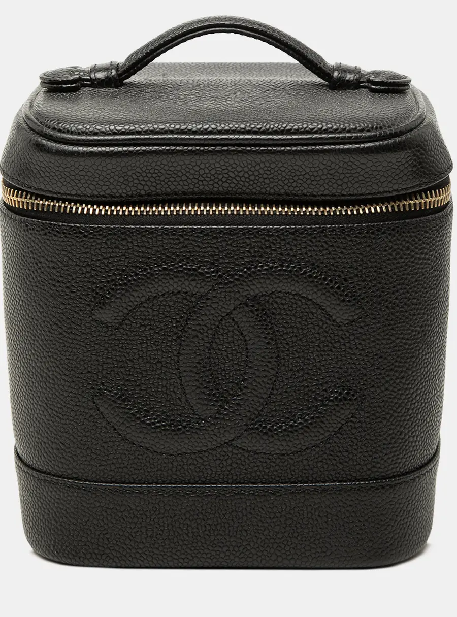 Chanel Vintage Timeless CC Black Caviar Leather Top Handle Vanity Case Bag
