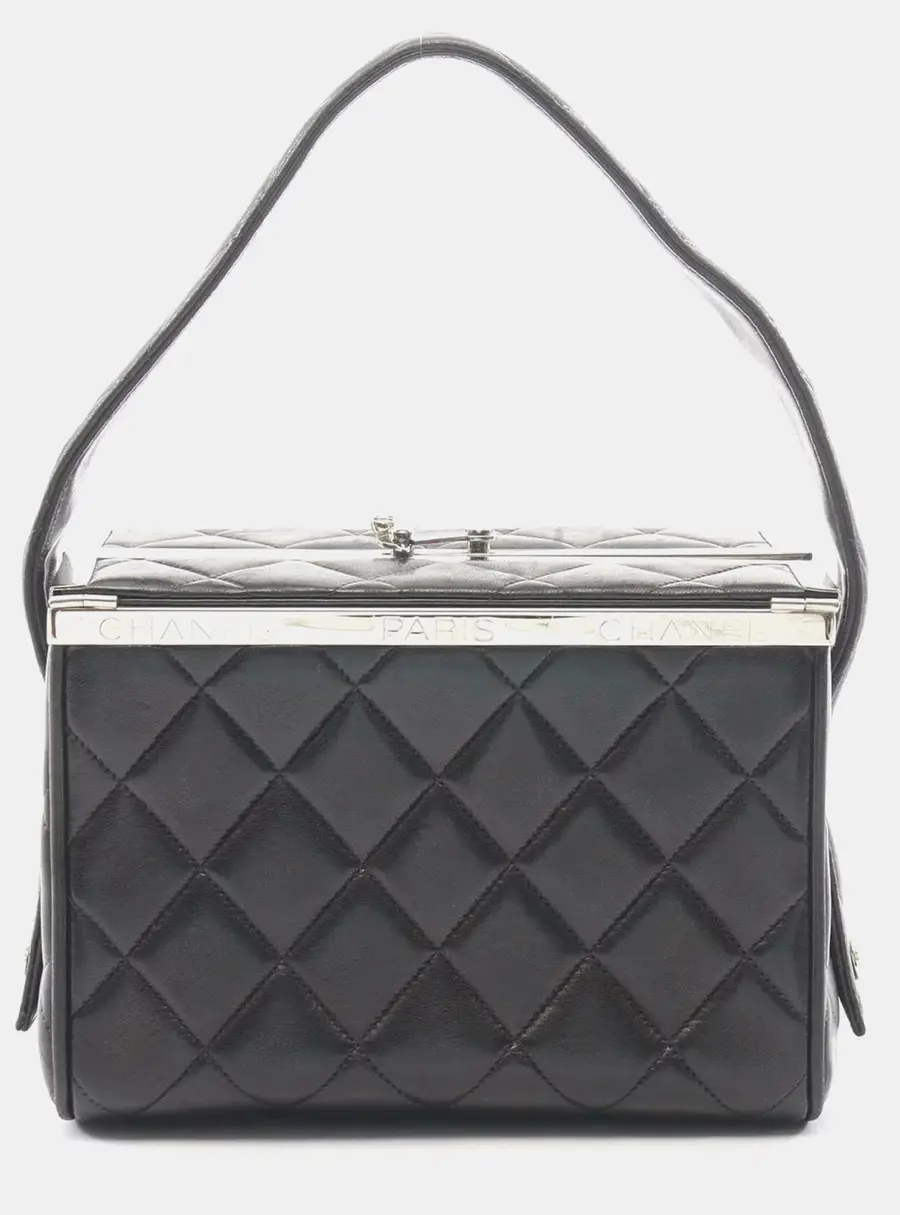 Chanel Vintage Small Black Lambskin Leather Metal Frame Top Handle Bag