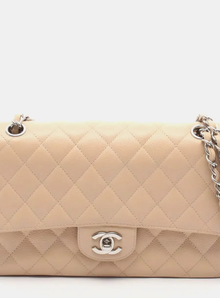 Chanel Classic Double Flap Beige Clair Caviar Silver Hardware Shoulder Bag