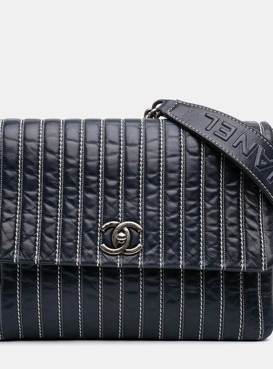 Chanel Vintage Vertical Quilt Large Black Lambskin Leather Single Flap Bag
