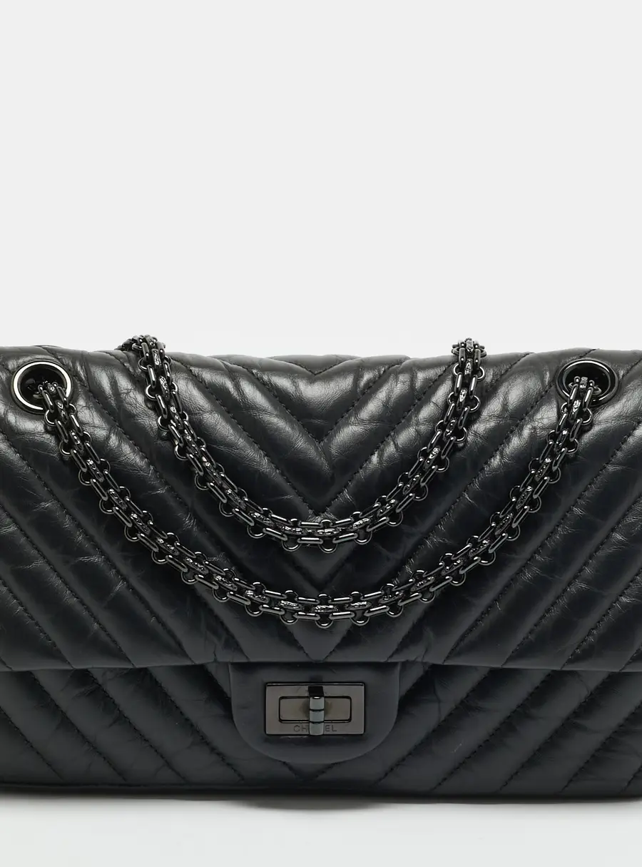 Chanel Reissue 2.55 255 Black Chevron Leather Flap Bag