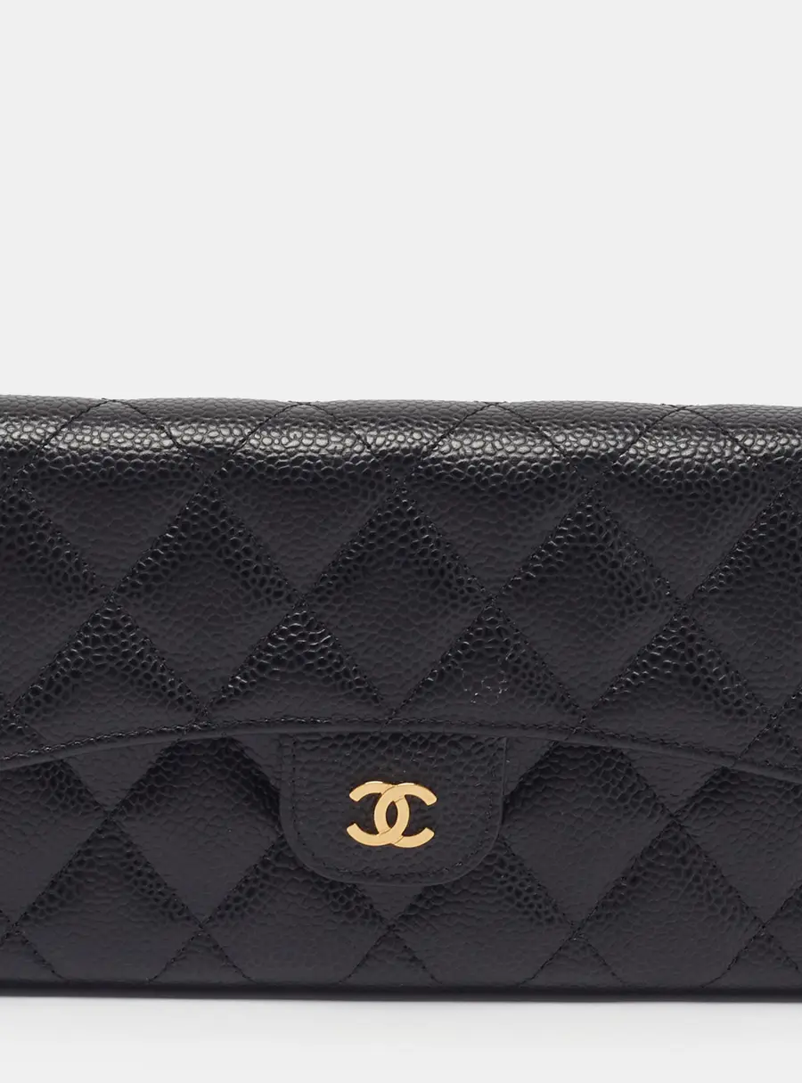 Chanel Classic Black Quilted Caviar Leather Long Wallet