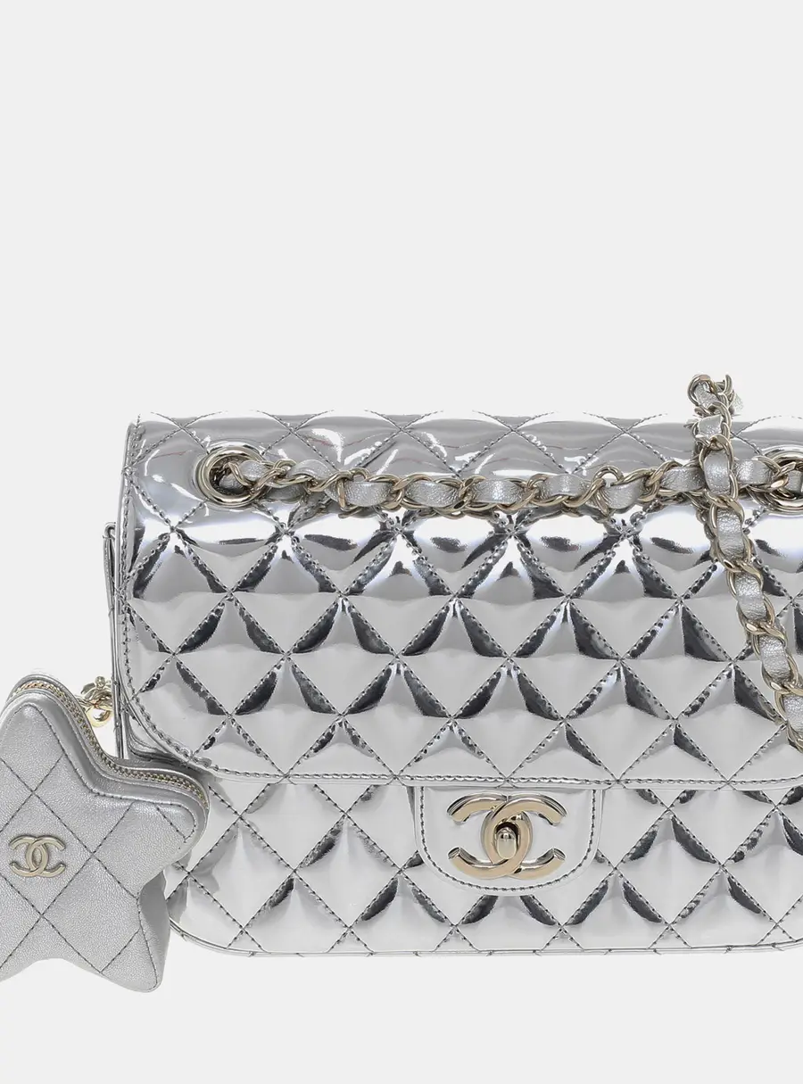 Chanel 24C Mirror Silver Calf Leather Flap Bag & Star Coin Purse