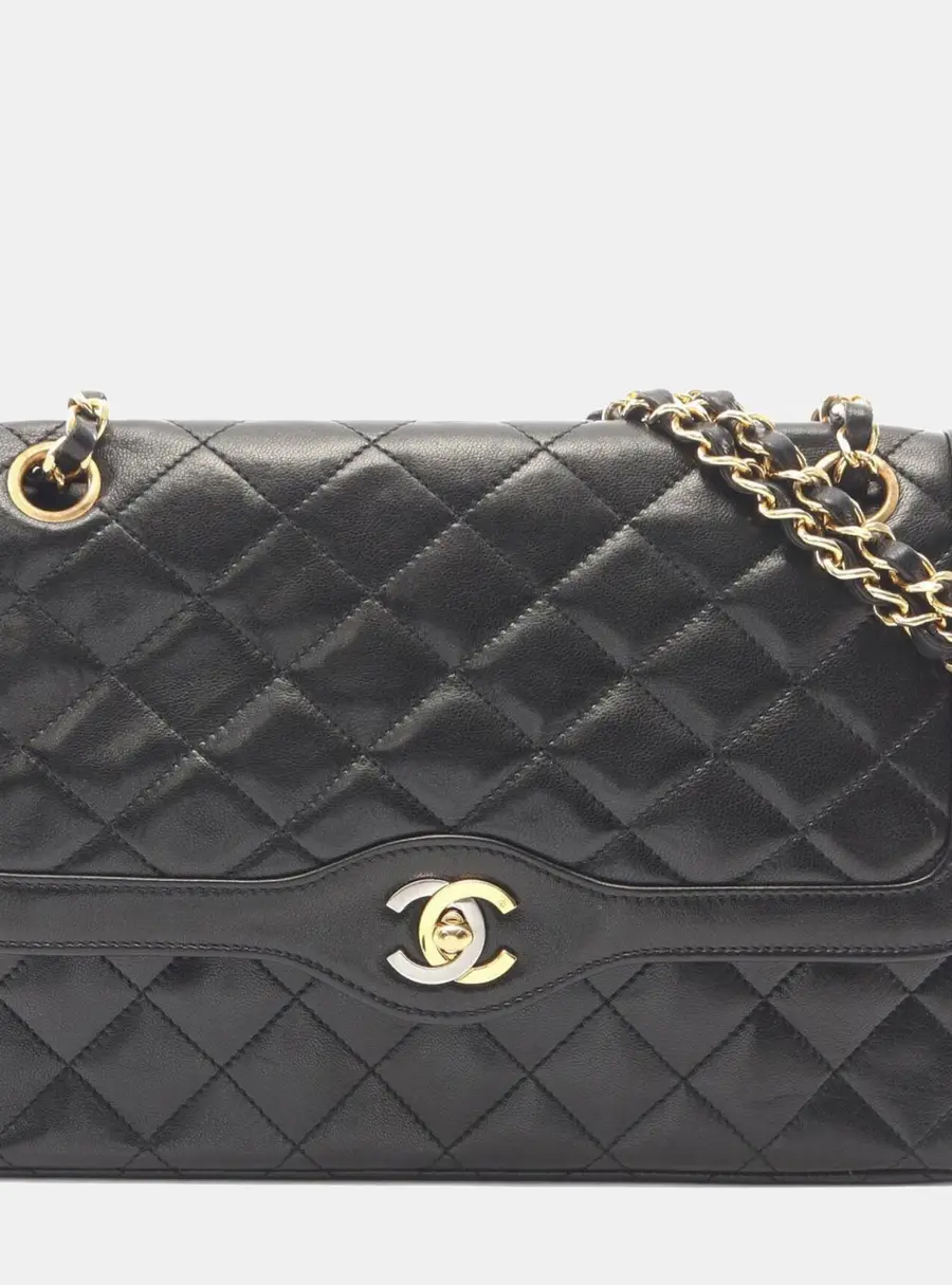 Chanel Matelasse Paris Limited Edition Double Flap Black Lambskin Leather Shoulder Bag
