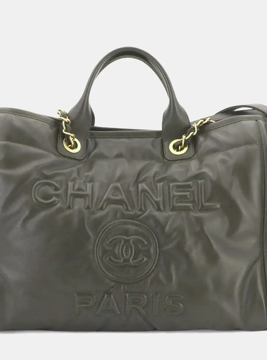 Chanel Deauville GM Khaki Calfskin Leather 2 -Way Chain Shoulder Tote Bag