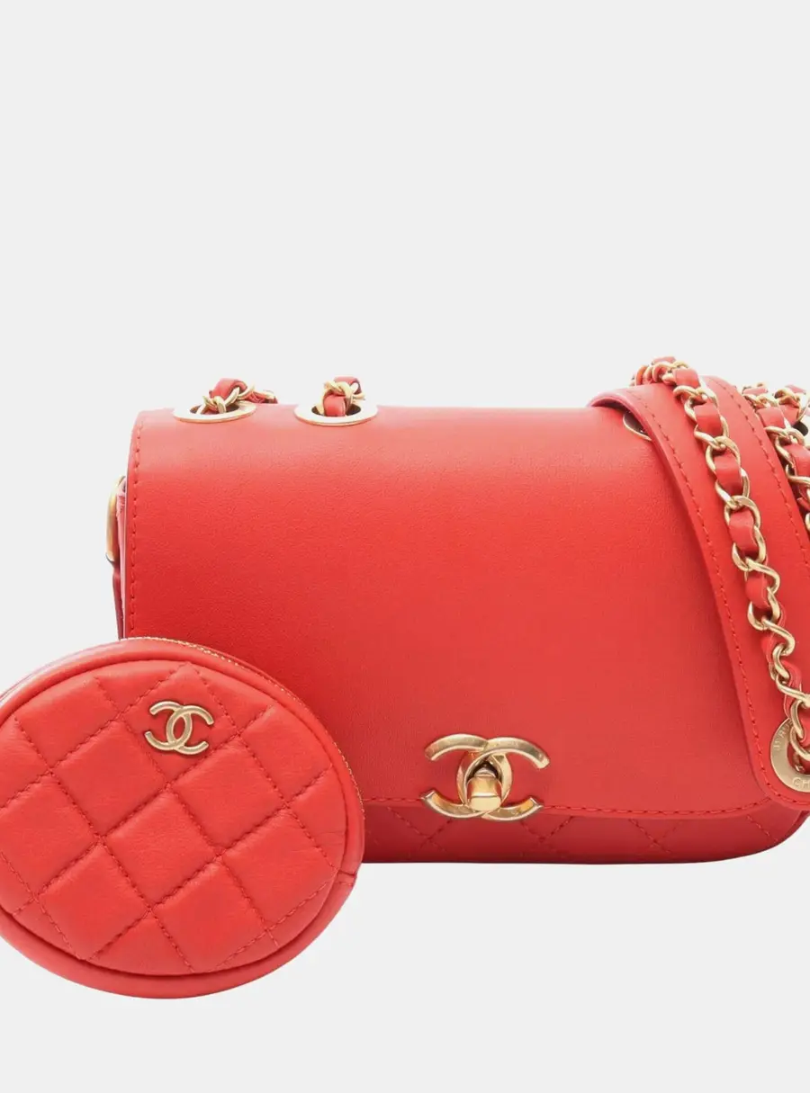 Chanel Multi Pouching Small Red Lambskin Leather Shoulder Bag