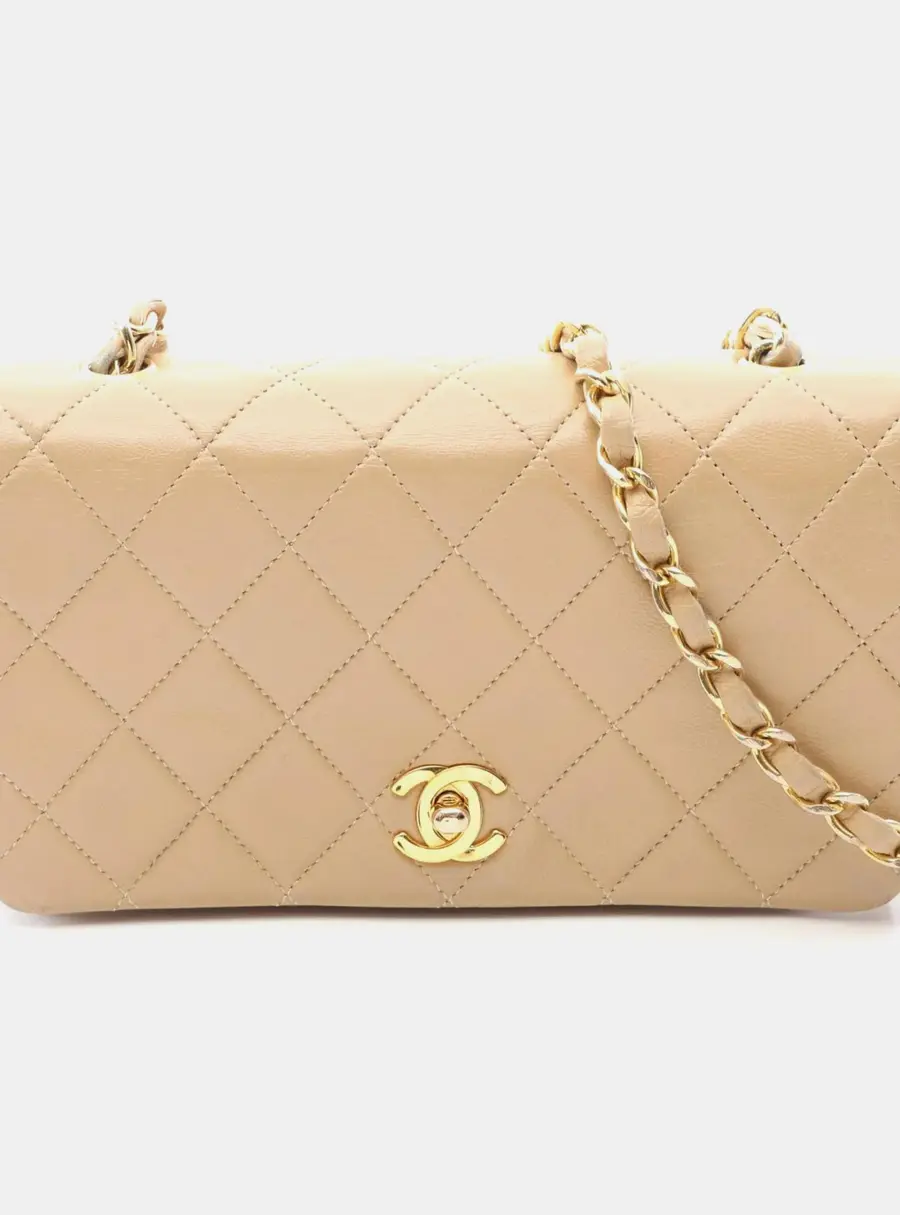 Chanel Mini Matelasse Full Flap Beige Lambskin Leather Shoulder Bag