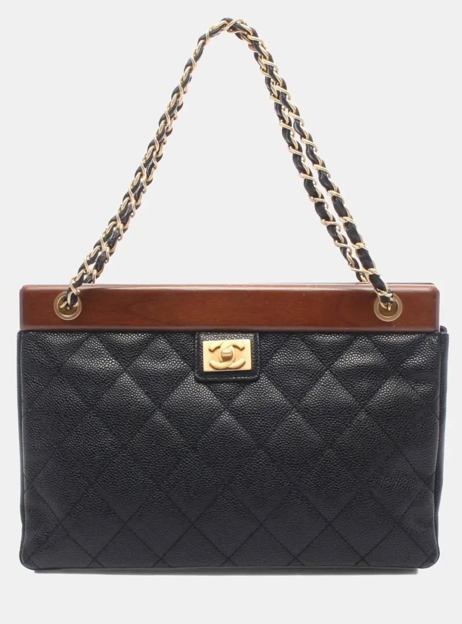 Chanel Matelasse Tote Black Caviar Leather Wood Top Handle Bag