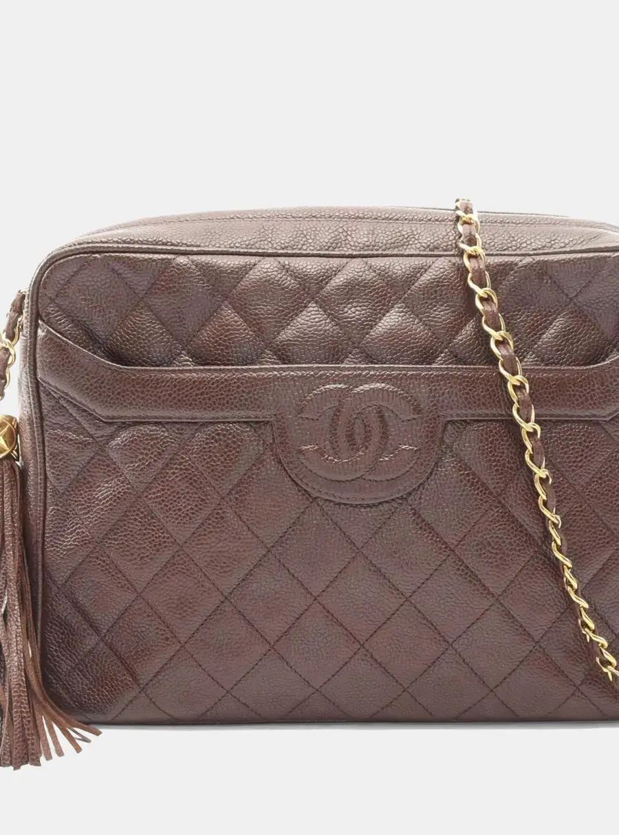 Chanel Matelasse Vintage Brown Caviar Grained Calfskin Leather Chain Tassel Camera Shoulder Bag