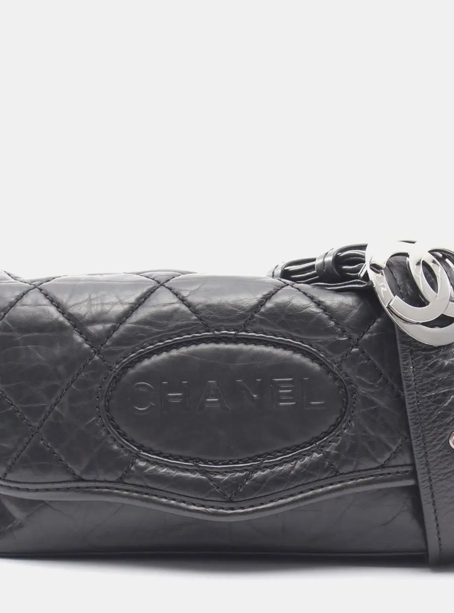 Chanel Oval Logo Medium Black Aged Calfskin Leather Shoulder Bag