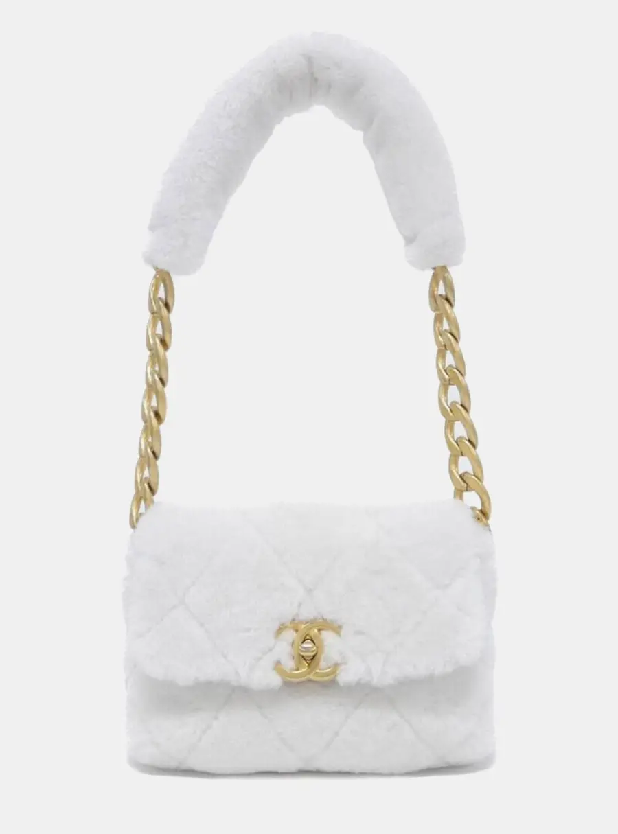 Chanel Flap AS2240 White Shearling Lambskin Matte Gold Tone Metal Shoulder Bag