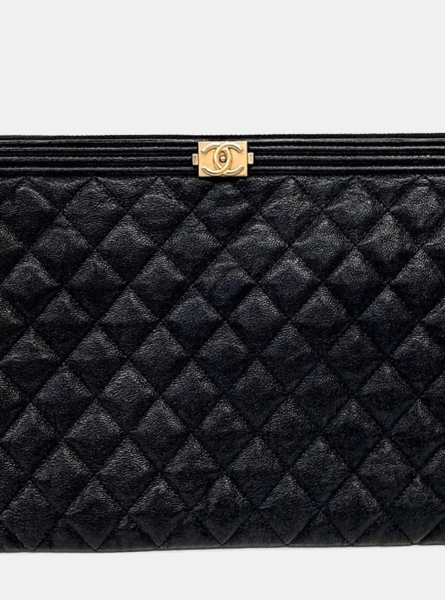 Chanel Black Leather Caviar Boy Clutch New Medium