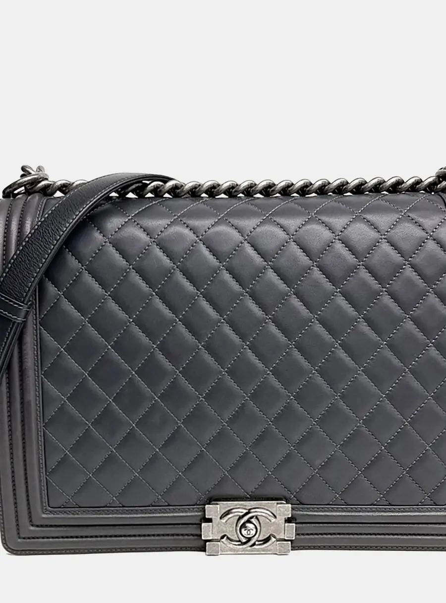 Chanel Grey Leather Boy Bag Large