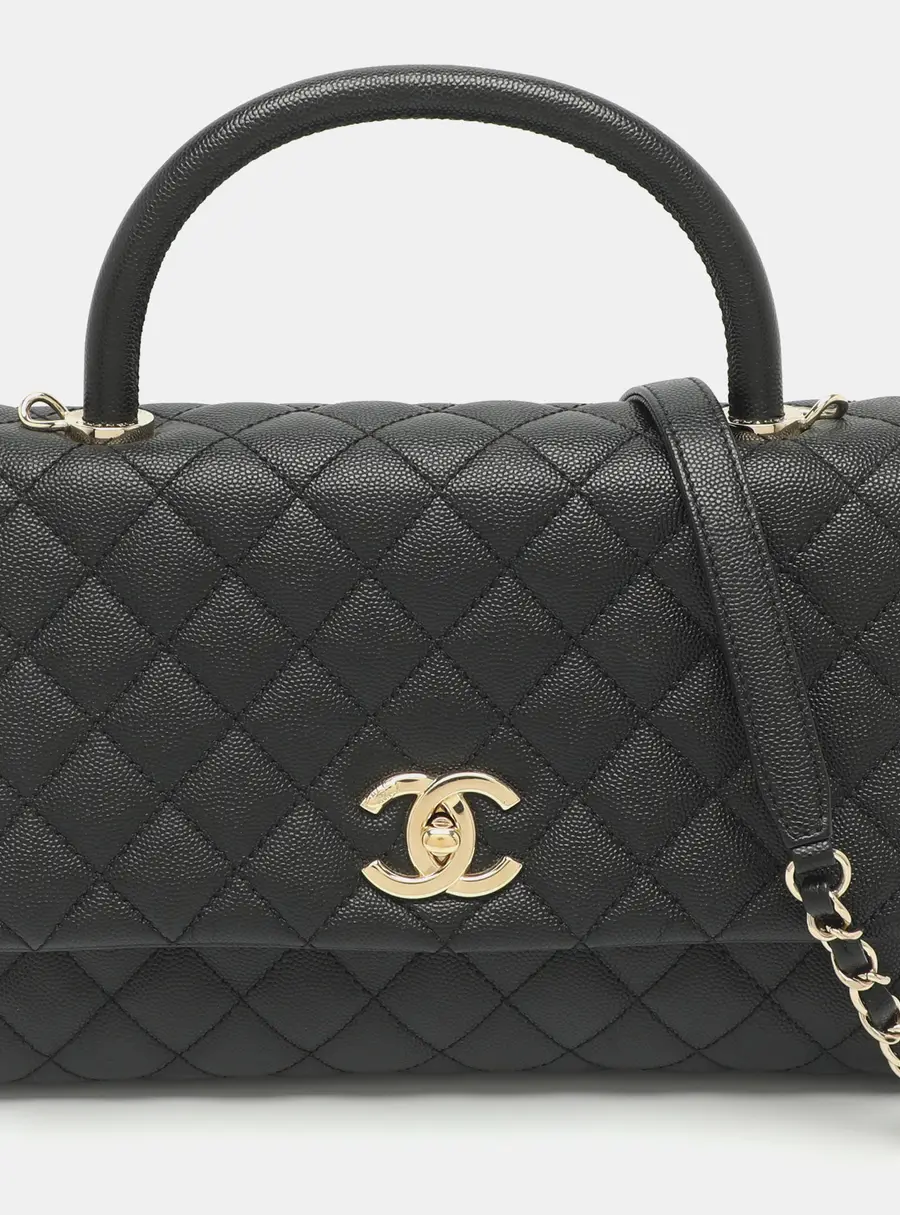 Chanel Coco Small Black Quilted Caviar Leather Top Handle Bag