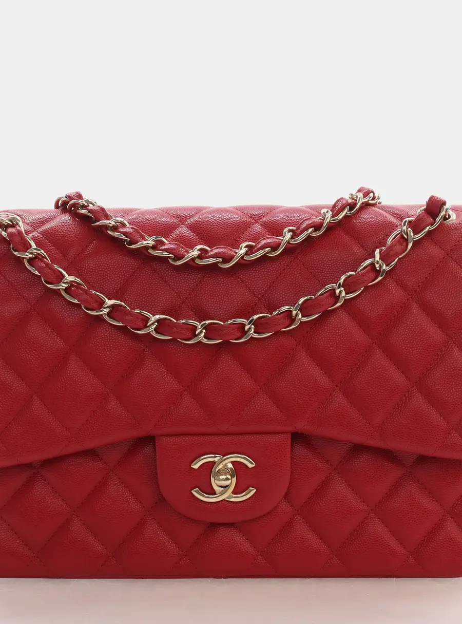 Chanel Classic Double Flap Jumbo Red Caviar Calfskin Leather Shoulder Bag
