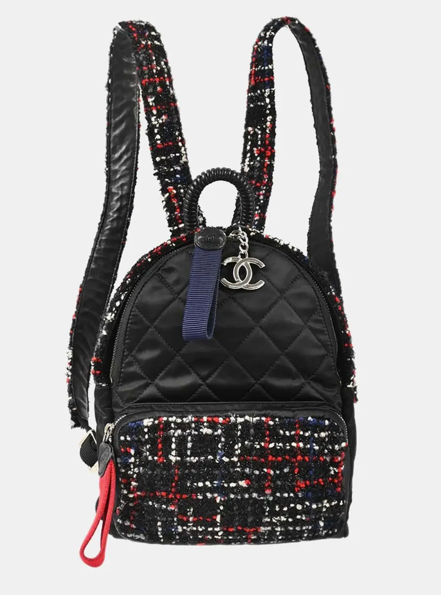Chanel Astronaut Essentials Small Black Quilted Satin Tweed Backpack Bag