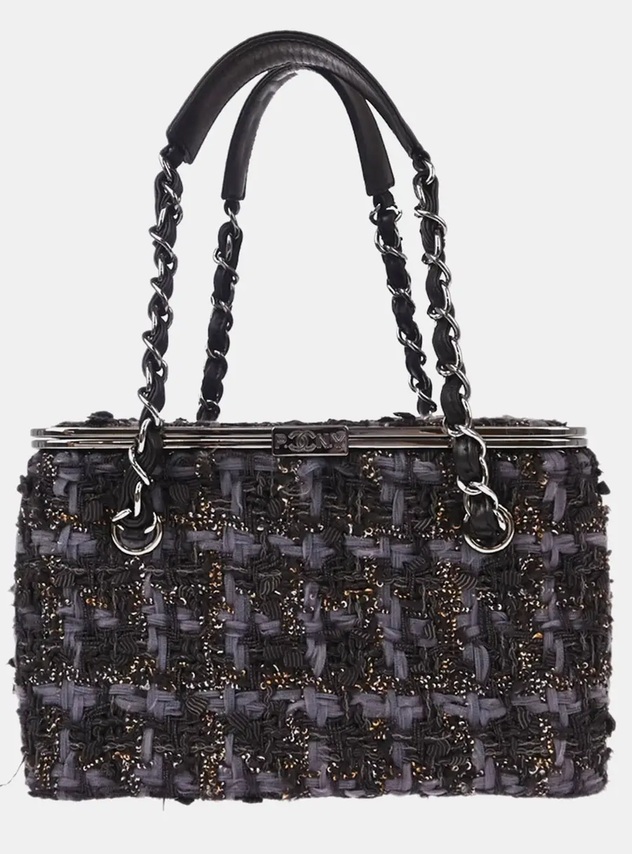 Chanel Vintage Paris -New York Medium Gray Tweed Leather Vanity Frame Box Bag