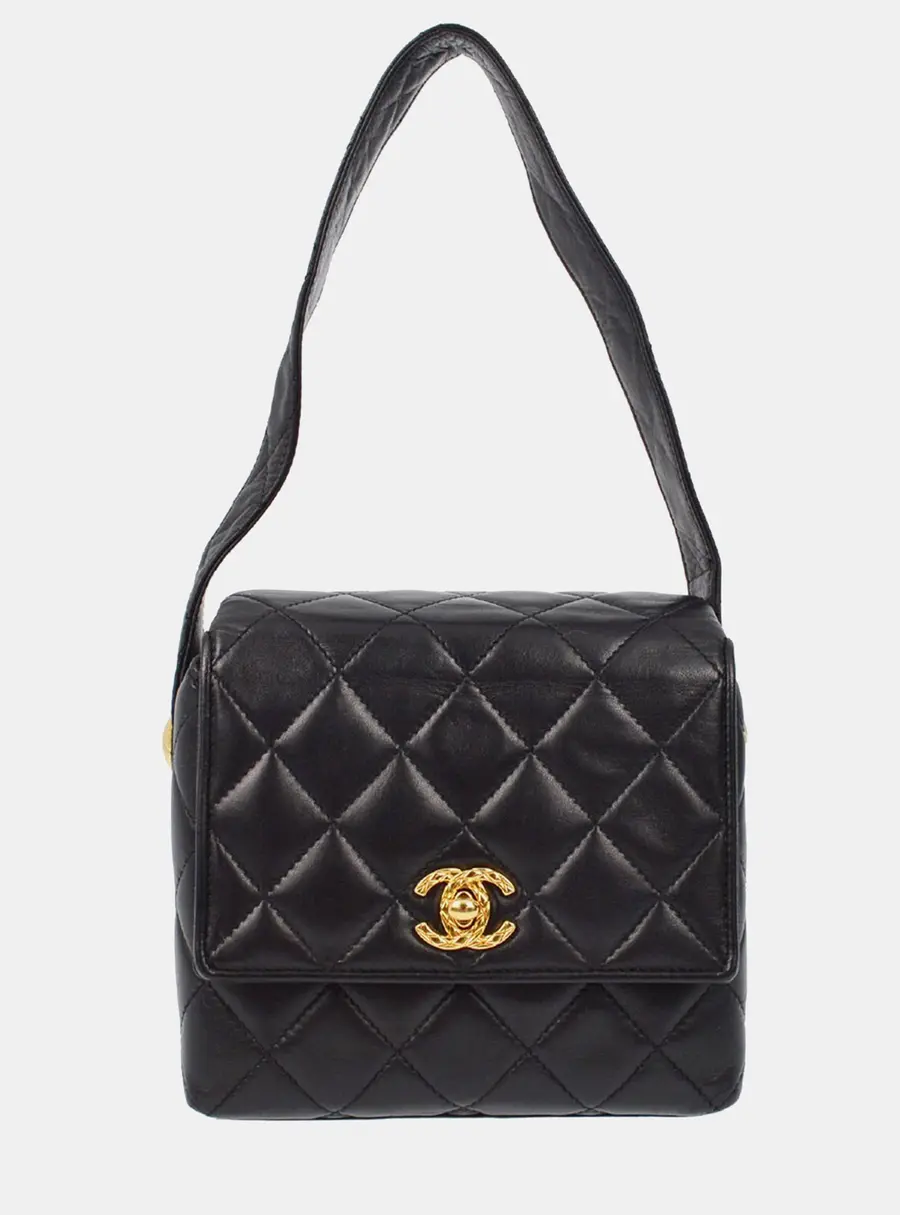 Chanel Vintage Straight Flap Mini Black Lambskin Leather Shoulder Bag