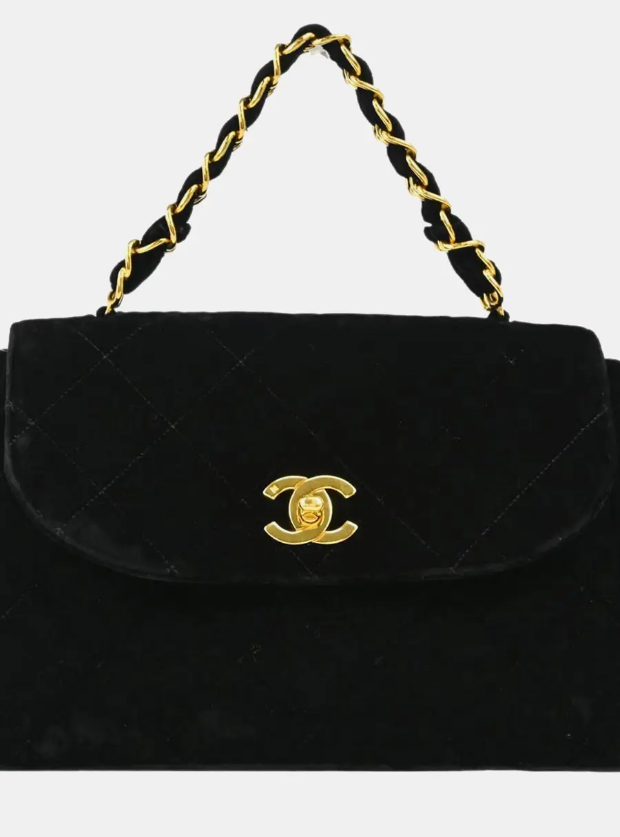Chanel Vintage 1996 Black Quilted Velvet Gold -Tone Metal Top Handle Bag