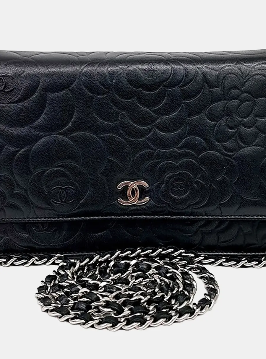Chanel Black Leather Camellia WOC Crossbody Bag