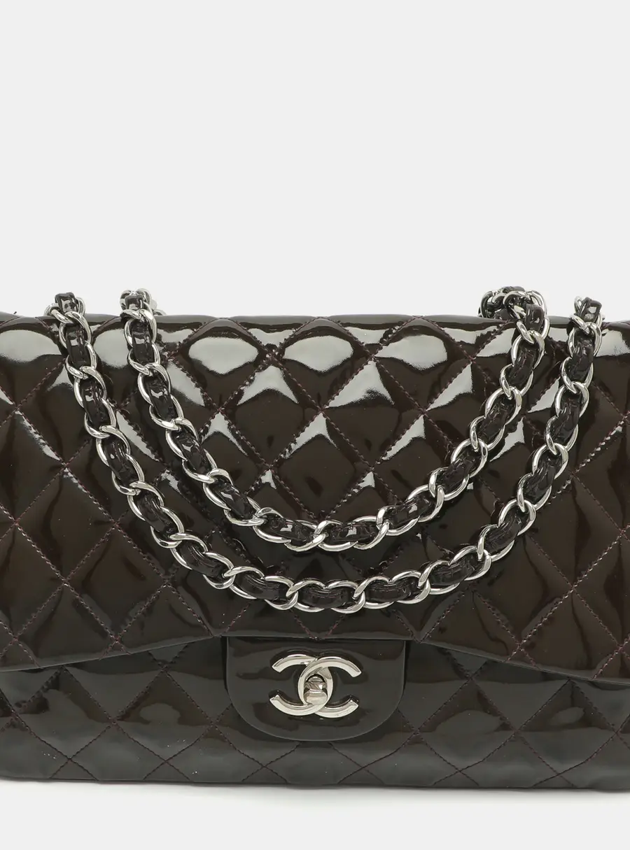 Chanel Classic Single Flap Jumbo Olive Quilted Patent Leather Bag