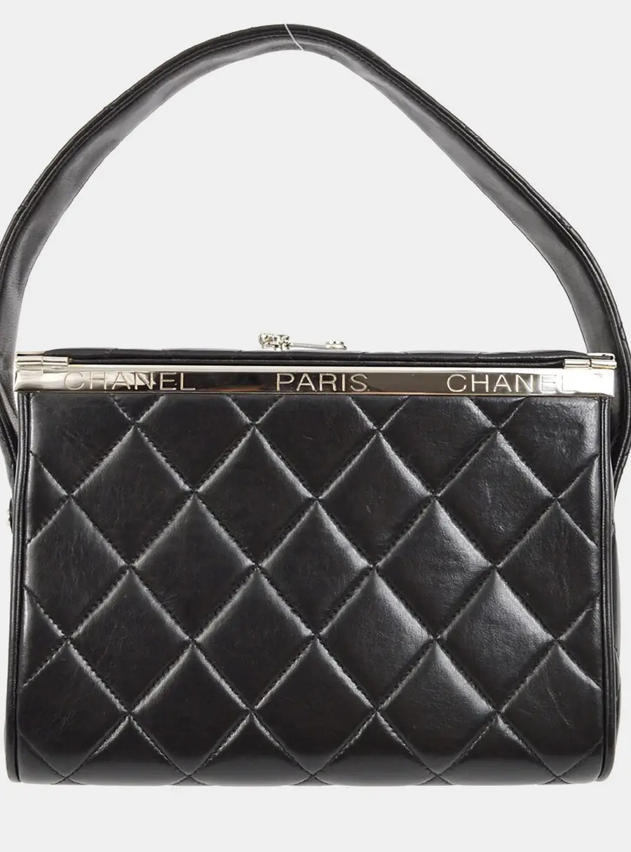 Chanel Vintage Quilted Small Black Lambskin Leather Metal Frame Top Handle Bag