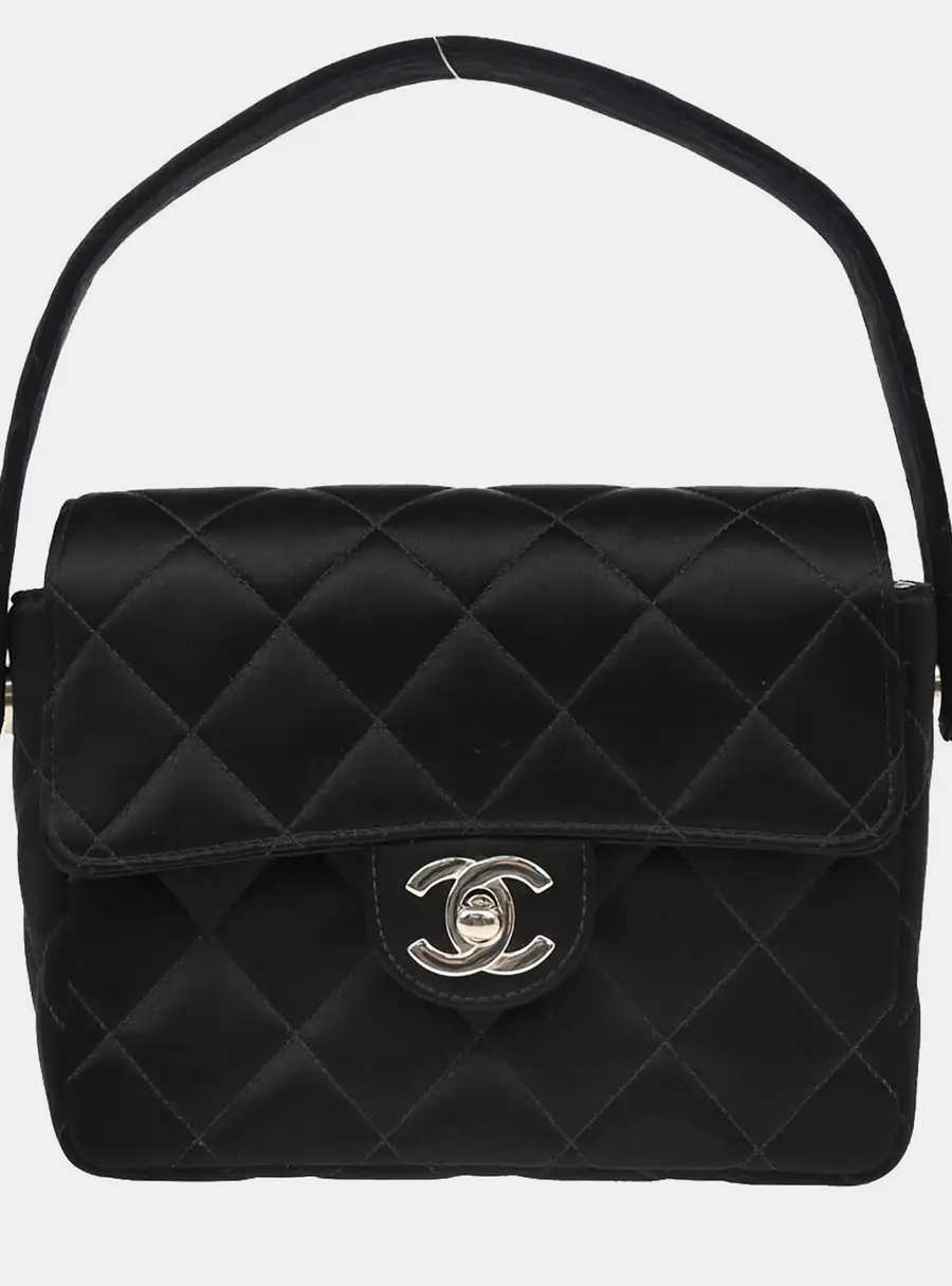 Chanel Vintage 1996 -1997 Mini Classic Square Black Satin Top Handle Flap Bag