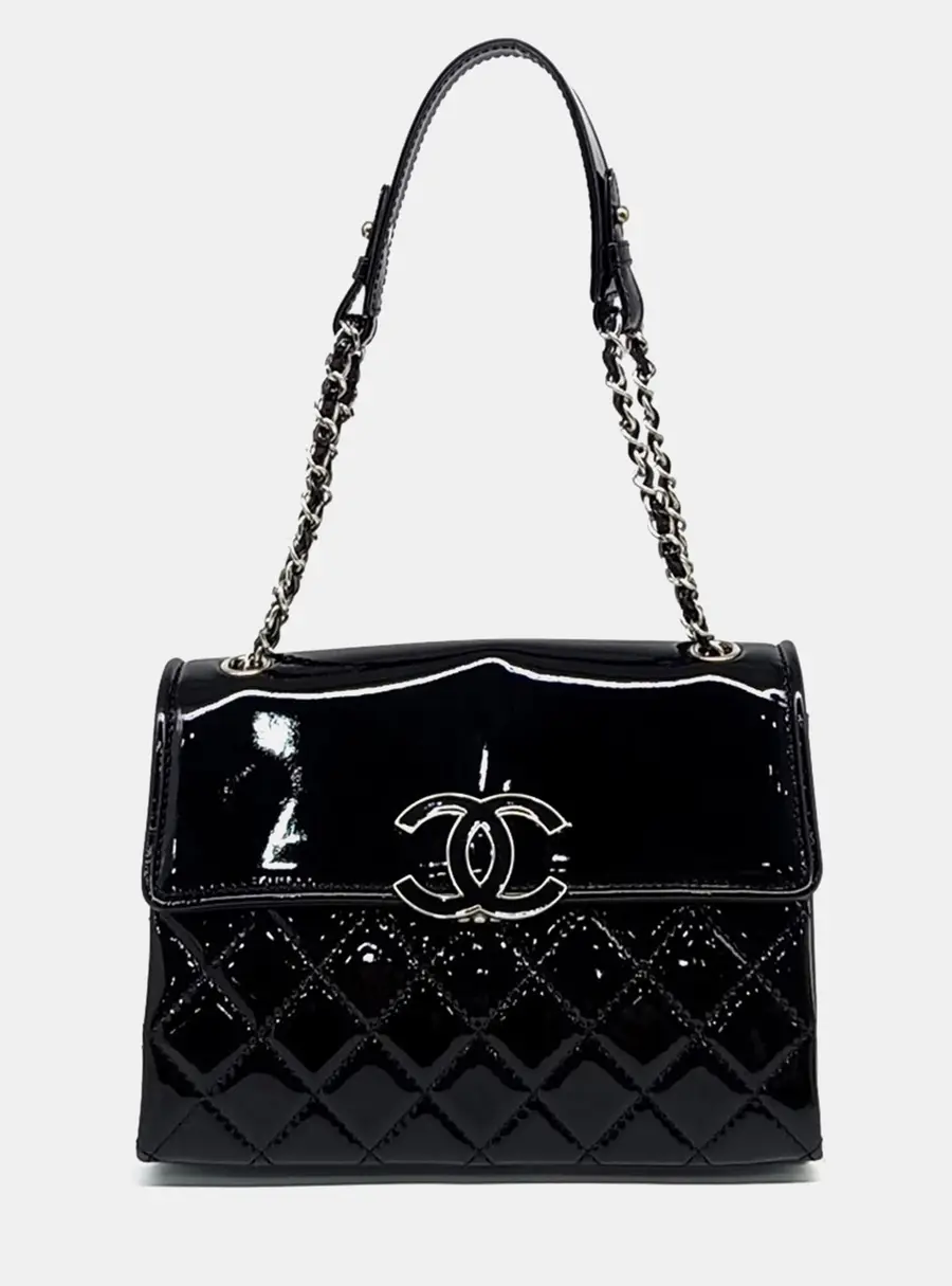 Chanel Black Patent Leather Patent Hampton Flap Shoulder Bag
