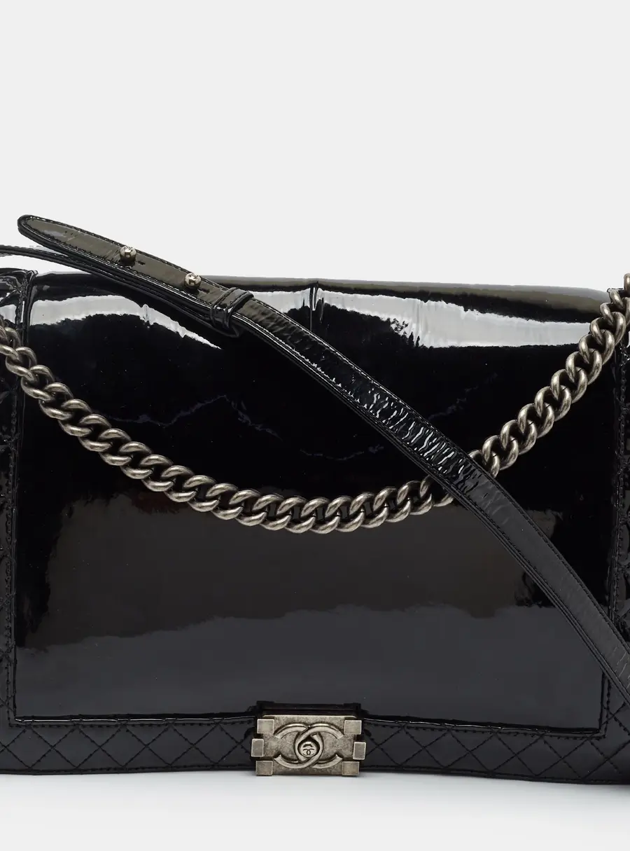 Chanel Boy Flap Extra Large Black Quilted Patent Leather Bag