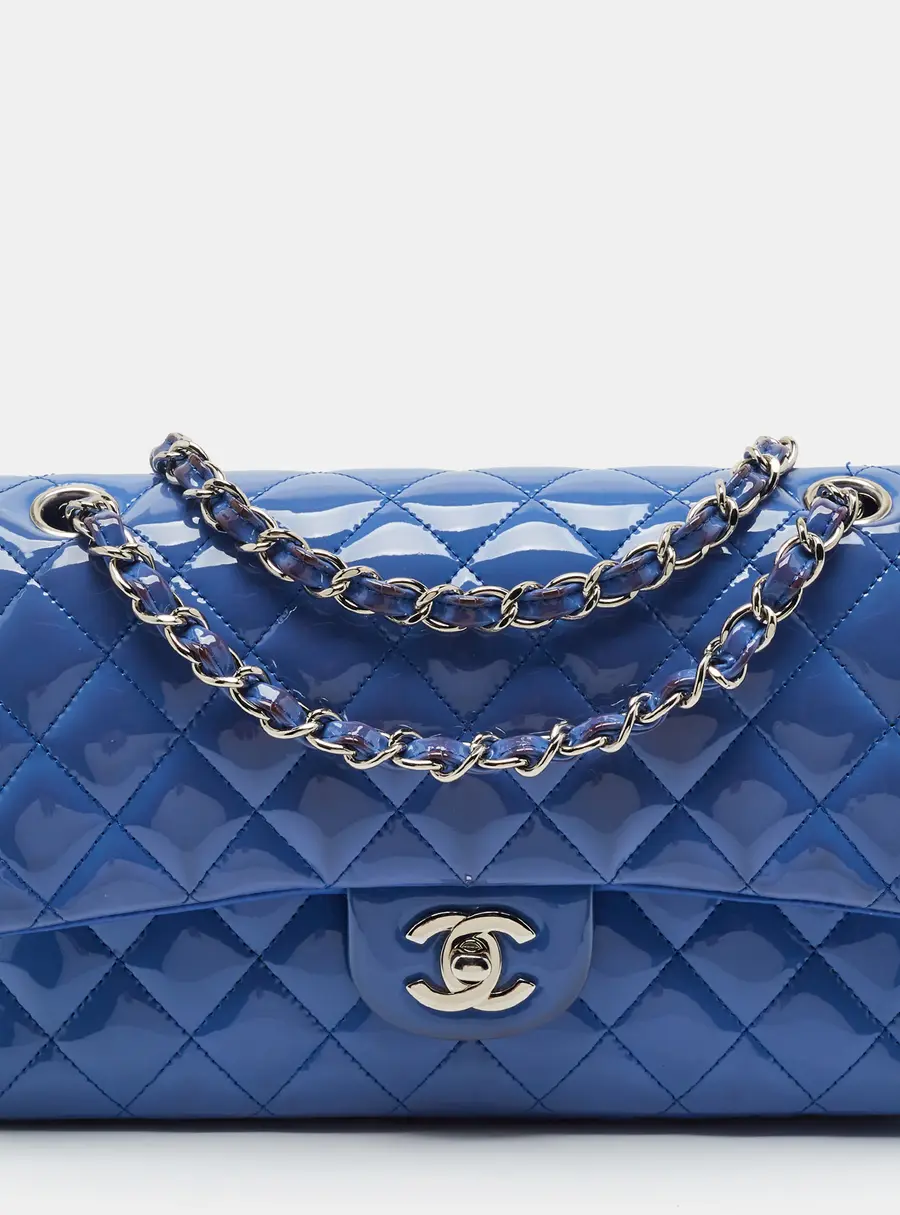 Chanel Classic Double Flap Medium Blue Quilted Patent Leather Shoulder Bag