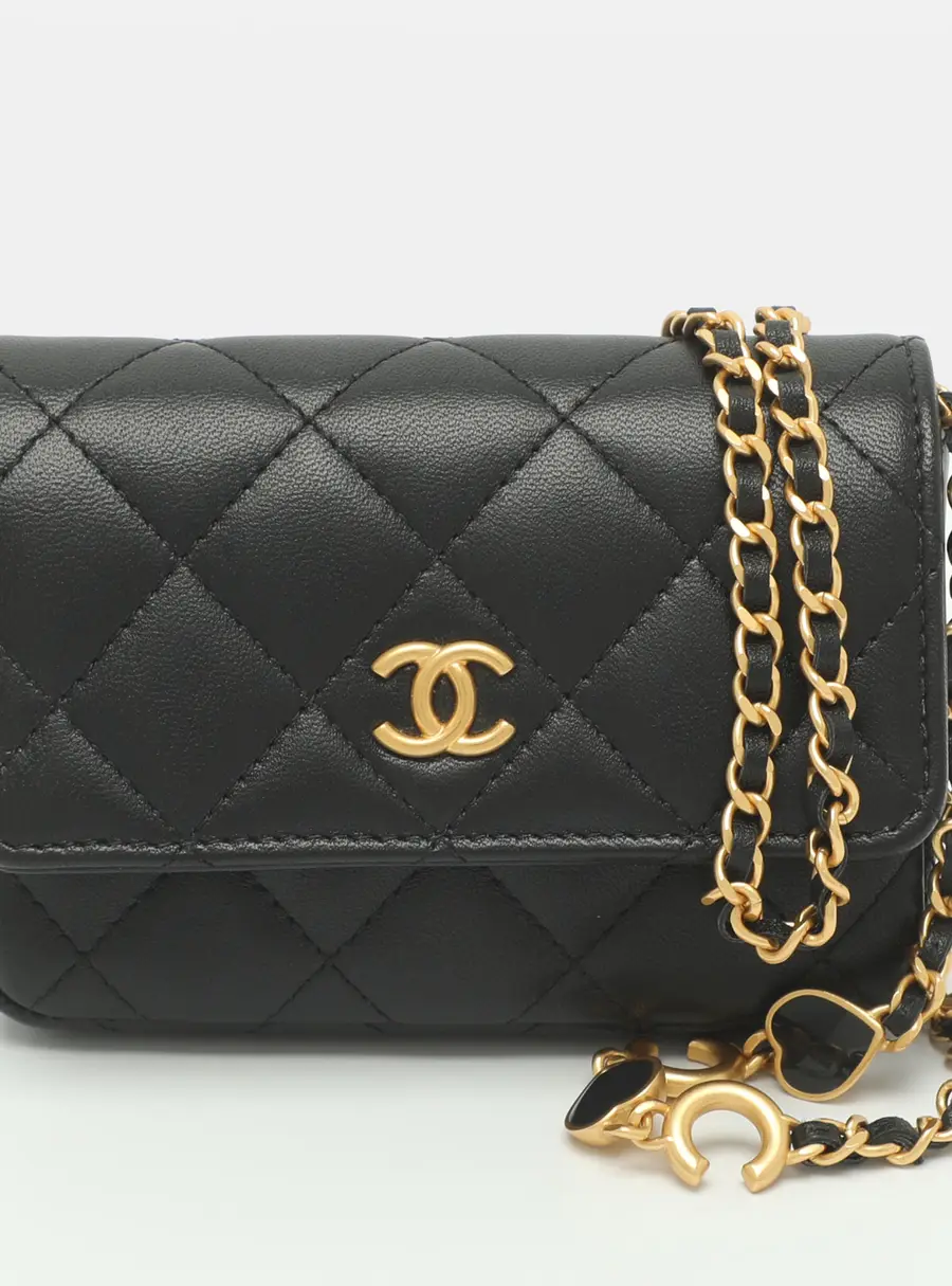 Chanel Coco Hearts Enamel Black Quilted Leather Clutch With Chain