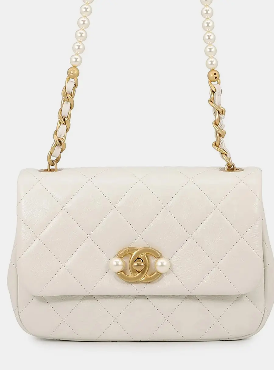 Chanel Mini Matelasse Pearl Chain White Lambskin