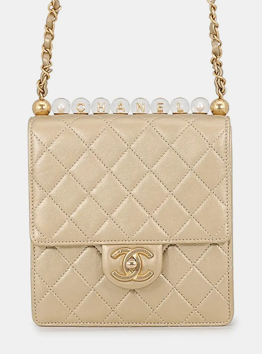 Chanel Square-Shaped Matelasse Chain Shoulder Bag Champagne Gold Lambskin