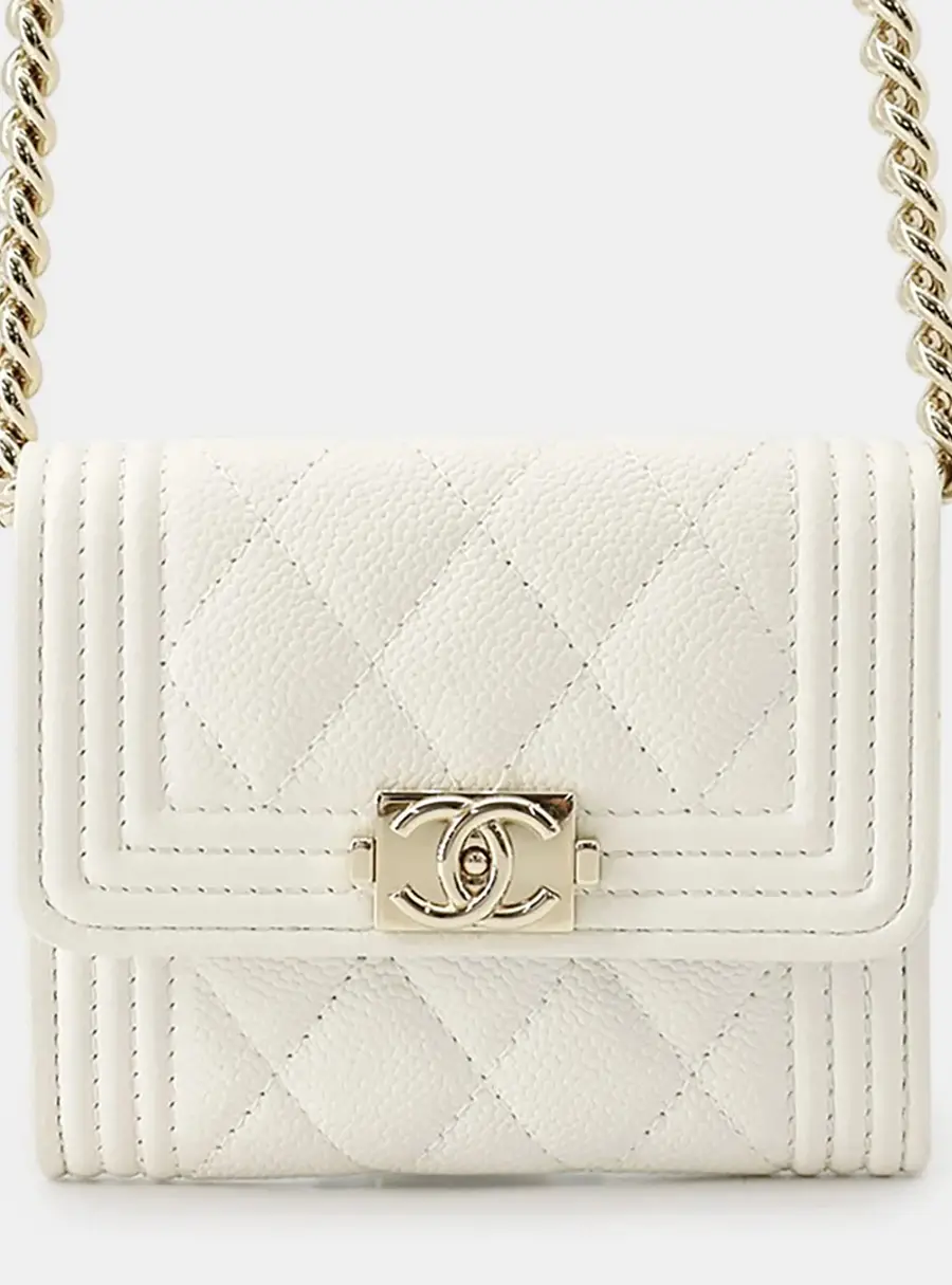 Chanel Boy Onel Chain Compact Wallet White Caviar Leather