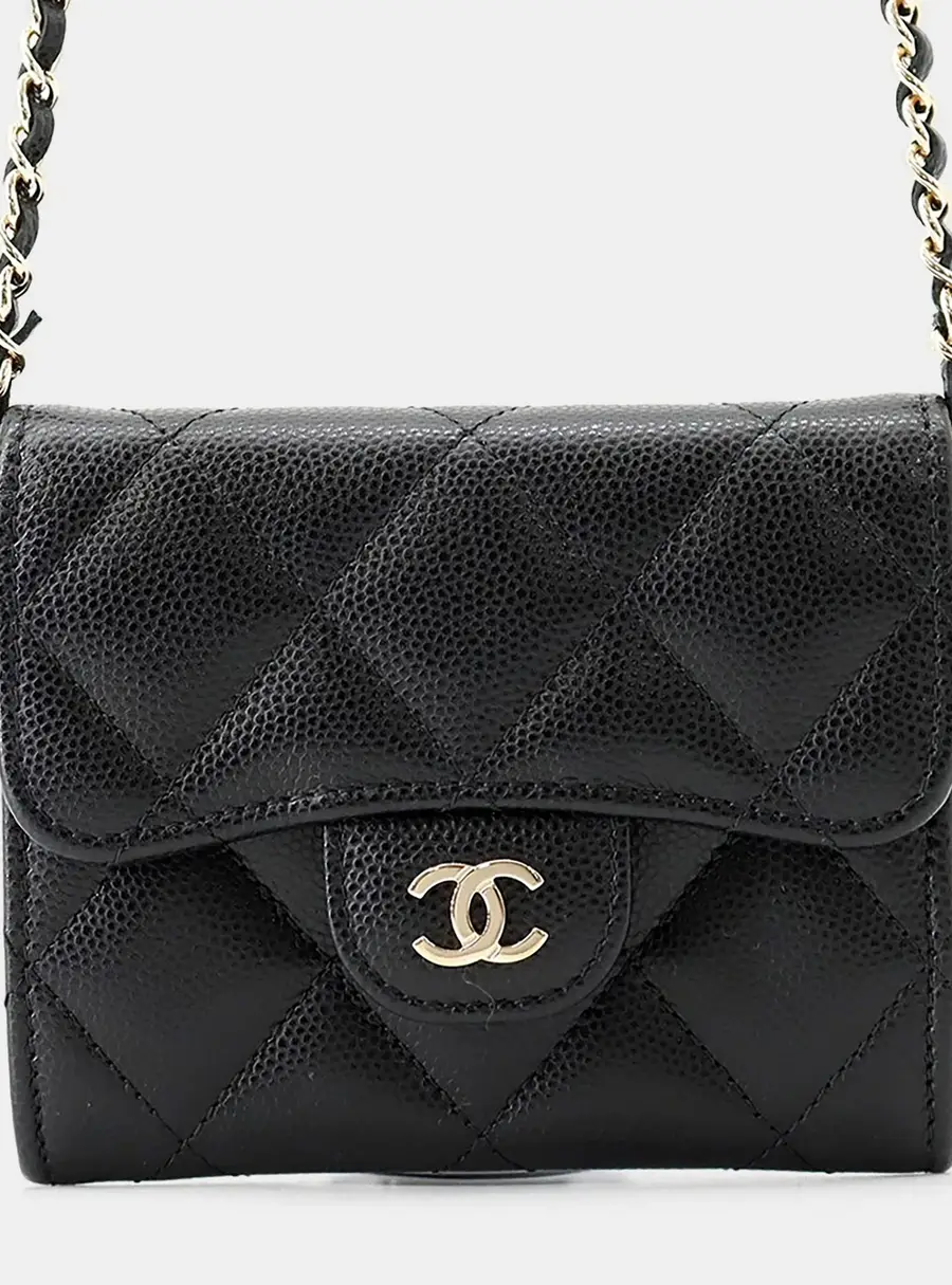 Chanel Matelasse Compact Chain Wallet Black Caviar Leather