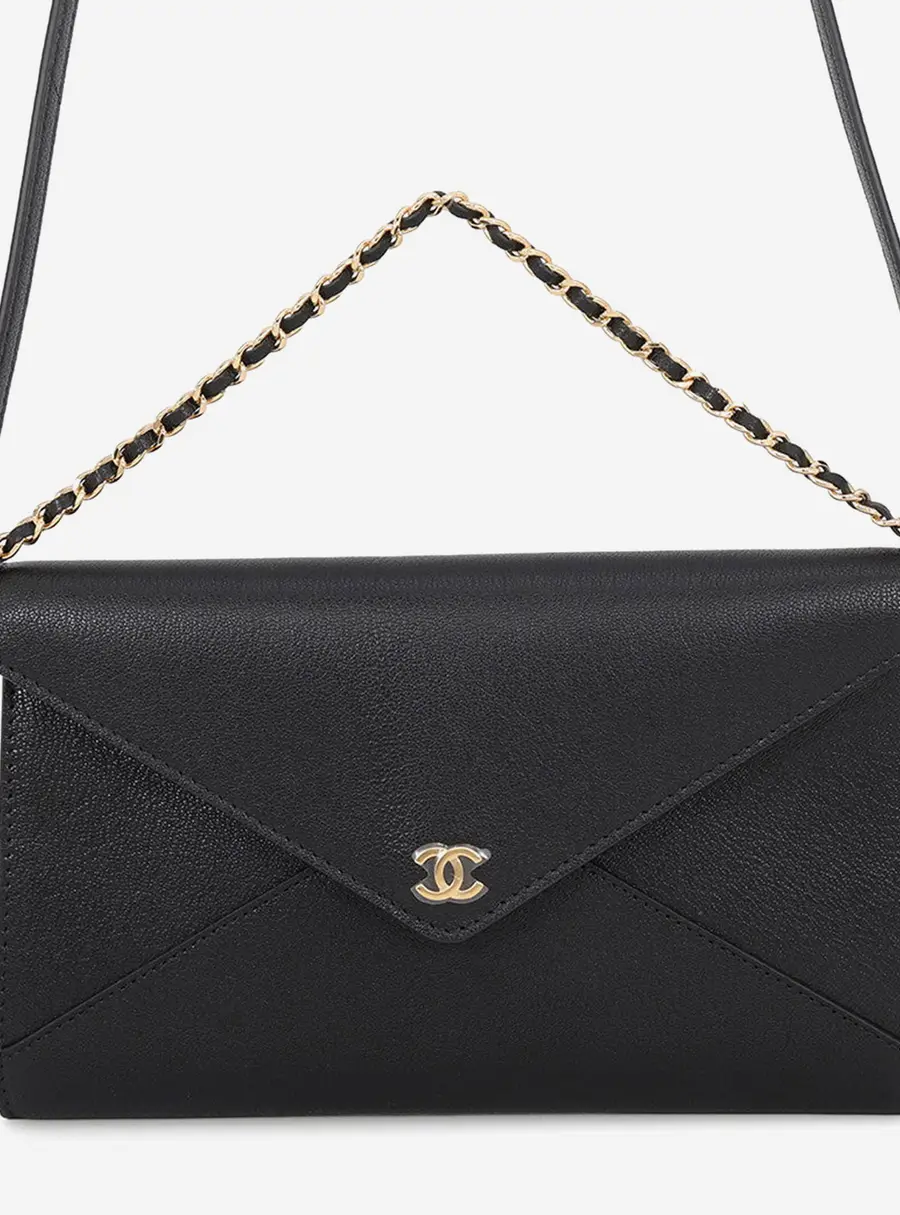Chanel Strap Clutch Bag Black Grained Goatskin Leather