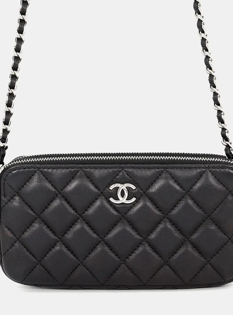 Chanel Matelasse Double Zip Chain Wallet Black Lambskin