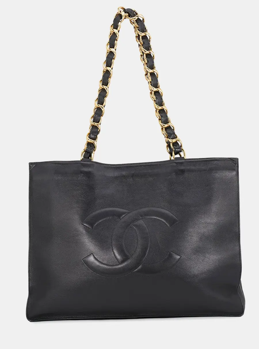 Chanel Large Cc Logo Chain Tote Bag Black Leather