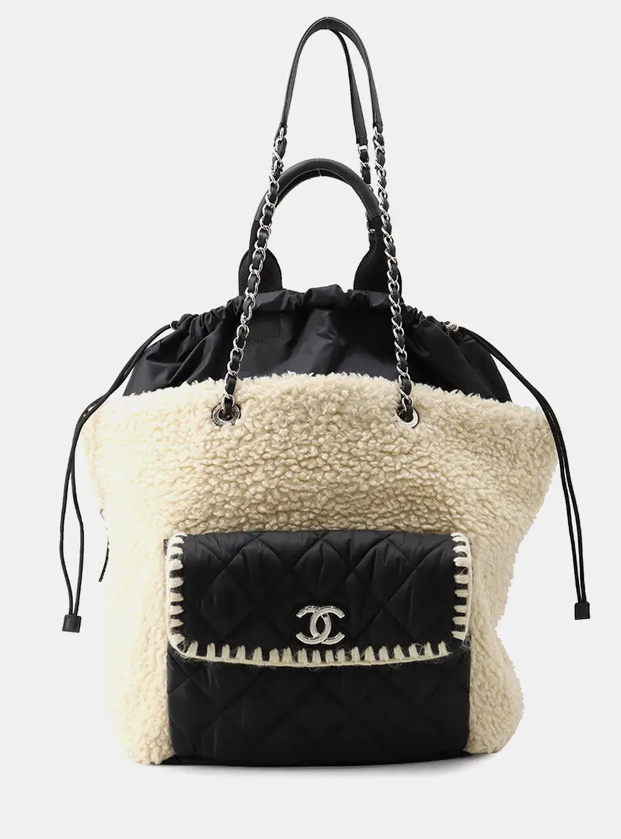 Chanel Boa Drawstring Bag Tote Bag Ivory/Black Mouton Nylon