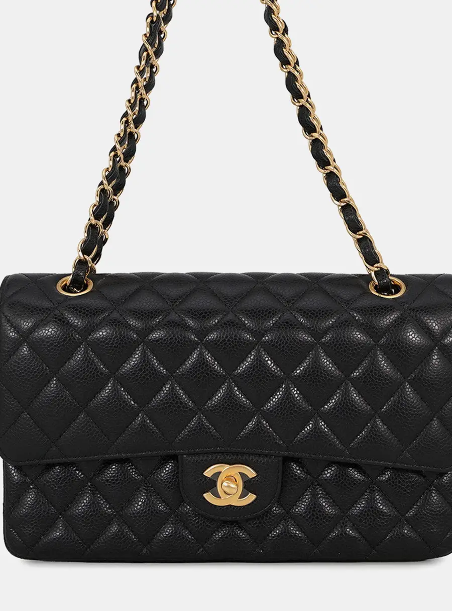 Chanel Matelasse W Flap Chain shoulder Bag Black Caviar Leather Size 25