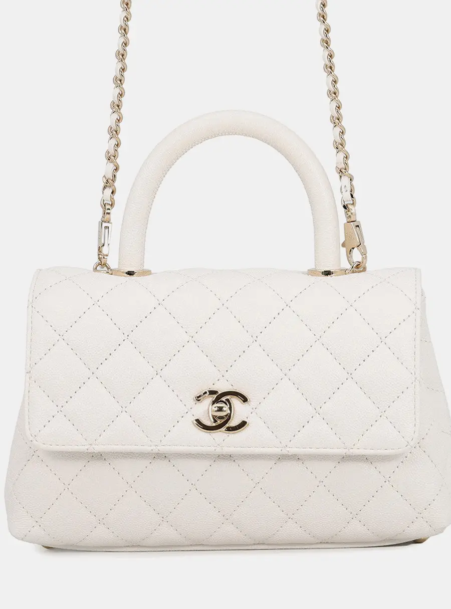 Chanel Coco Handle 2Way Handbag White Caviar Leather Size Xs