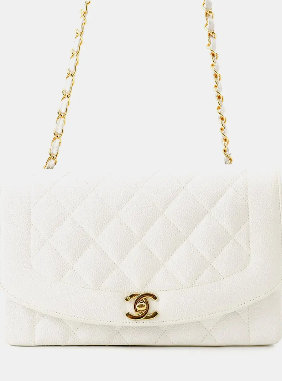 Chanel Diana Chain Shoulder Bag White Caviar Leather Size 25