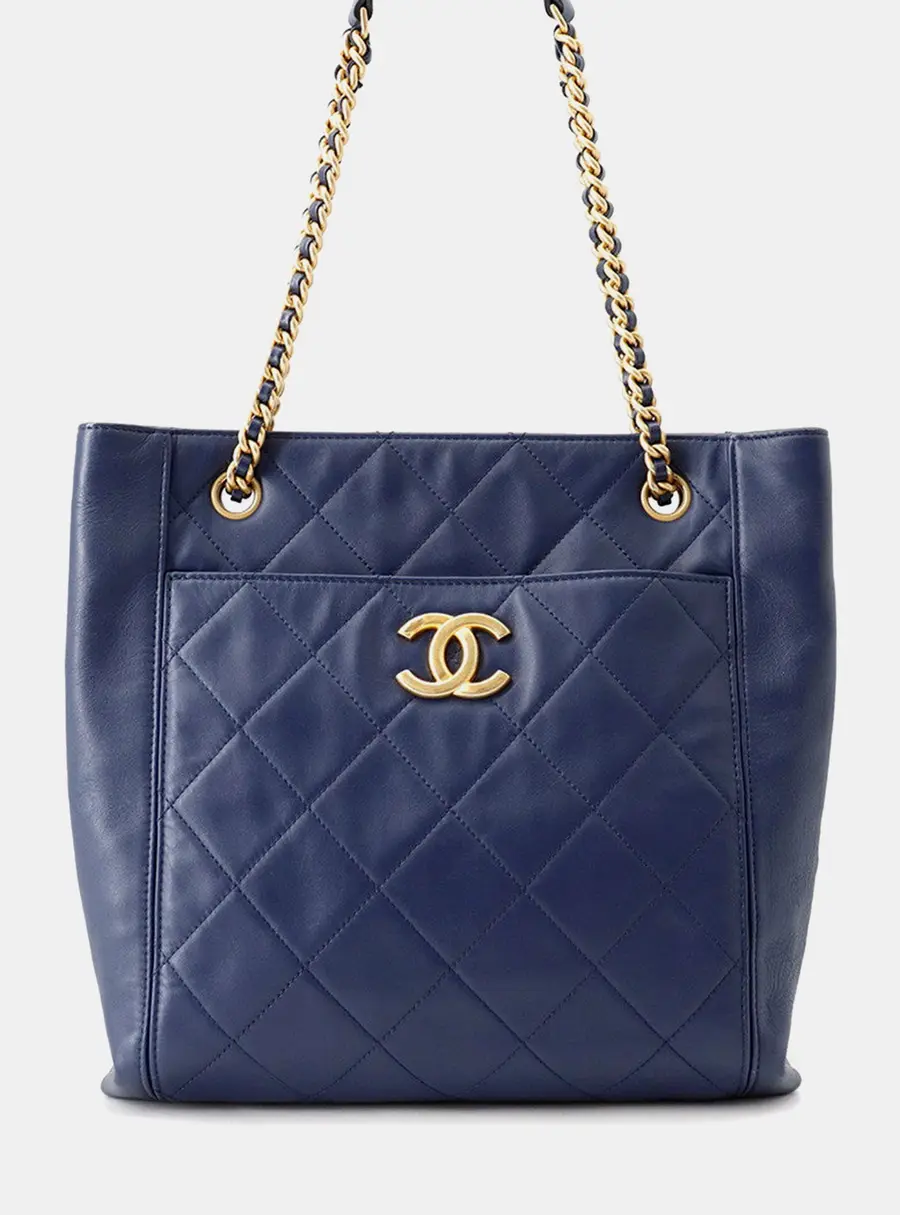 Chanel Matelasse Shopping Chain Tote Bag Navy Lambskin Size Small