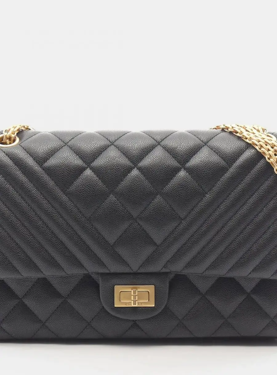 Chanel 2.55 Reissue 226 Black Grained Calfskin Leather Double Flap Shoulder Bag