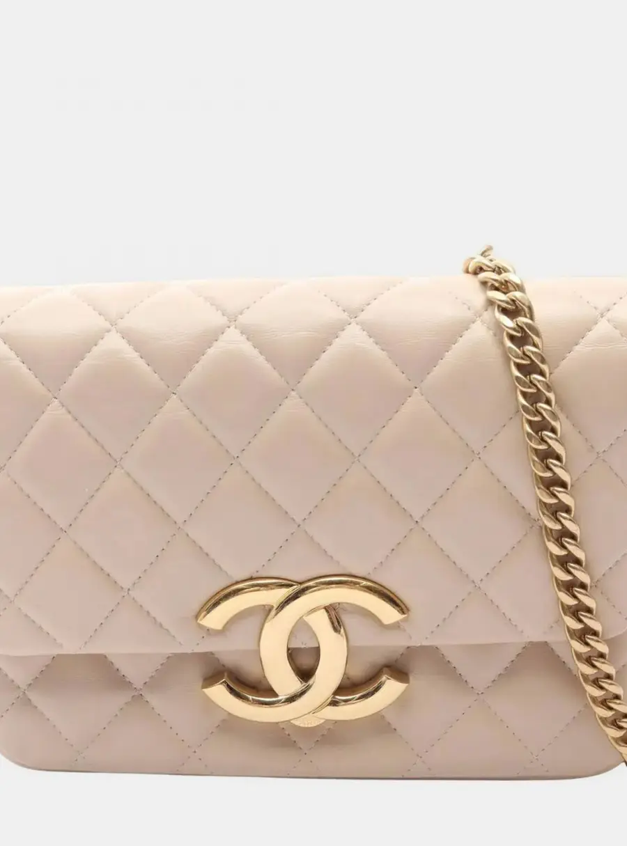 Chanel Matelasse Beige Lambskin Leather Shoulder Bag